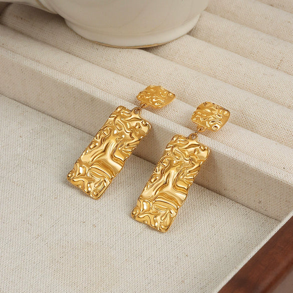 Wholesale Women's Retro 316L Stainless Steel Goldplated Geometric Long Square Pleated Earrings