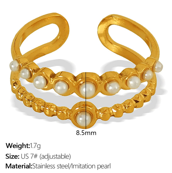 Wholesale Women's Retro 316L Stainless Steel Inlaid Imitation Pearl Rhinestone Cross Leaf Ring Jewelry With Electroplating