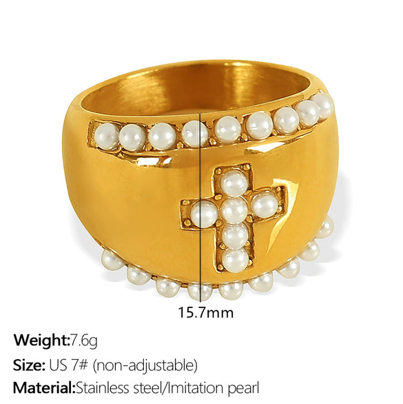 Wholesale Women's Retro 316L Stainless Steel Inlaid Imitation Pearl Rhinestone Cross Leaf Ring Jewelry With Electroplating