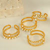 Wholesale Women's Retro 316L Stainless Steel Inlaid Imitation Pearl Rhinestone Cross Leaf Ring Jewelry With Electroplating