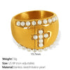 Wholesale Women's Retro 316L Stainless Steel Inlaid Imitation Pearl Rhinestone Cross Leaf Ring Jewelry With Electroplating
