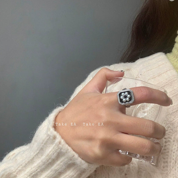 Wholesale Women's Retro Trendy Open Ring Set Zinc Alloy Geometric Oil Dripping Pearl Flower Electroplated