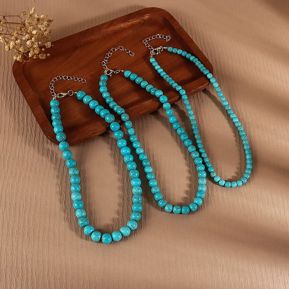 Wholesale Women's Retro Turquoise Beaded Ball Chain Handmade Clavicle Necklace