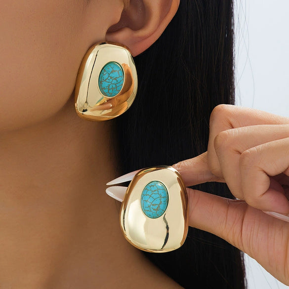 Wholesale Women's Retro Versatile Geometric Alloy Electroplated Oval Resin Emerald Earrings