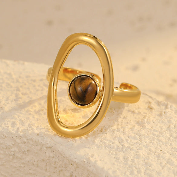 Wholesale Women's Retro Versatile Hollow Stainless Steel Ring Inlaid With Natural Stone And Electroplated