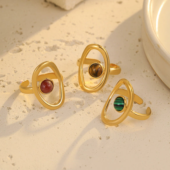 Wholesale Women's Retro Versatile Hollow Stainless Steel Ring Inlaid With Natural Stone And Electroplated