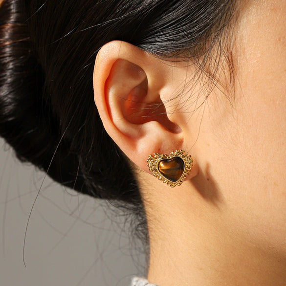 Wholesale Women's Retro Vintage Geometric Tiger Eye Stone Stainless Steel Electroplated Earrings