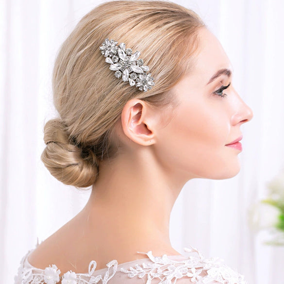 Wholesale Women's Rhinestone Alloy Wedding Hair Comb With Flower Pattern And Alloy Casting Electroplating Process