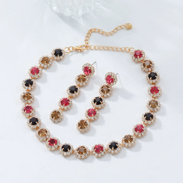Wholesale Women's Rhinestone Inlaid Clavicle Chain Necklace And Earrings Set Vintage Fashion Geometric Jewelry