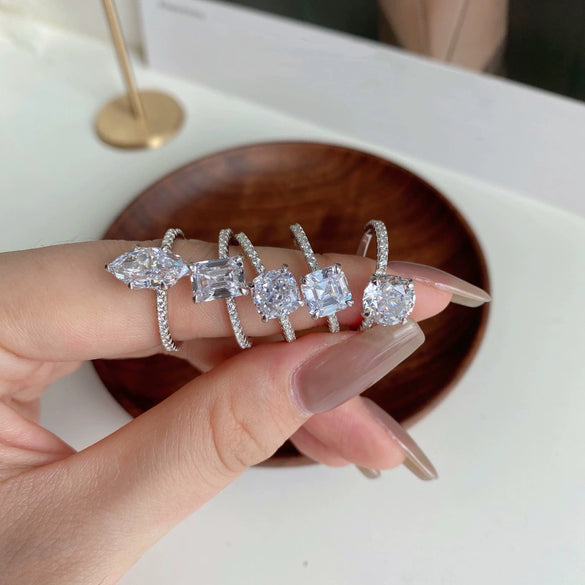 Wholesale Women's Ring S925 Sterling Silver Geometric Design Electroplated With Ice Flower High Carbon Diamond Zircon