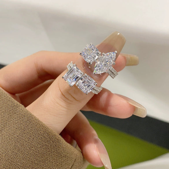 Wholesale Women's Ring S925 Sterling Silver Geometric Design Electroplated With Ice Flower High Carbon Diamond Zircon