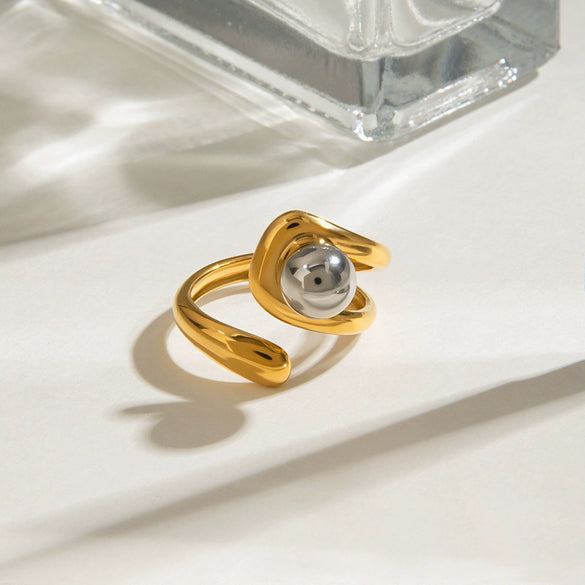 Wholesale Women's Ring Stainless Steel Geometric French Retro Style With Gold And Silver Color Matching Beads And Asymmetric Adjustable Opening Cross Electroplated