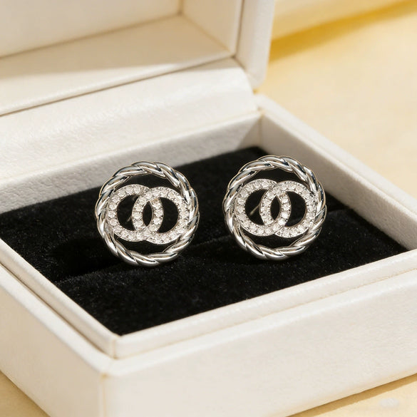 Wholesale Women's Round Doublering Diamondinlaid Copper Earrings With Geometric Design