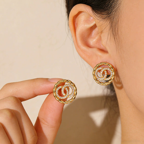 Wholesale Women's Round Doublering Diamondinlaid Copper Earrings With Geometric Design