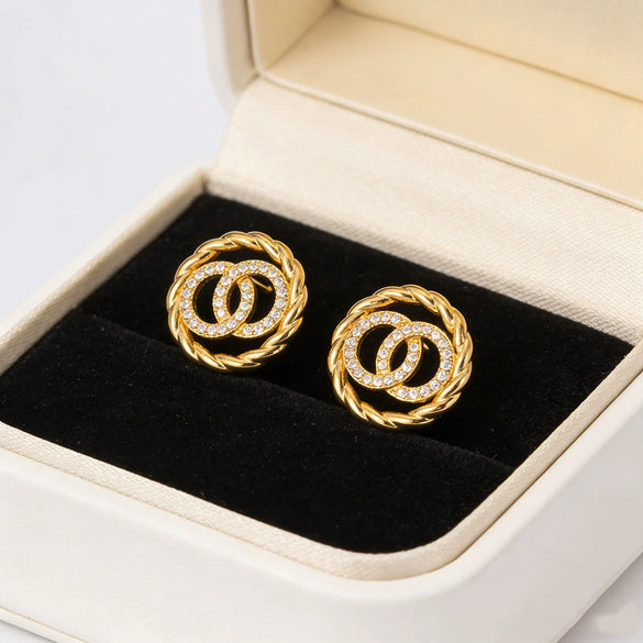 Wholesale Women's Round Doublering Diamondinlaid Copper Earrings With Geometric Design