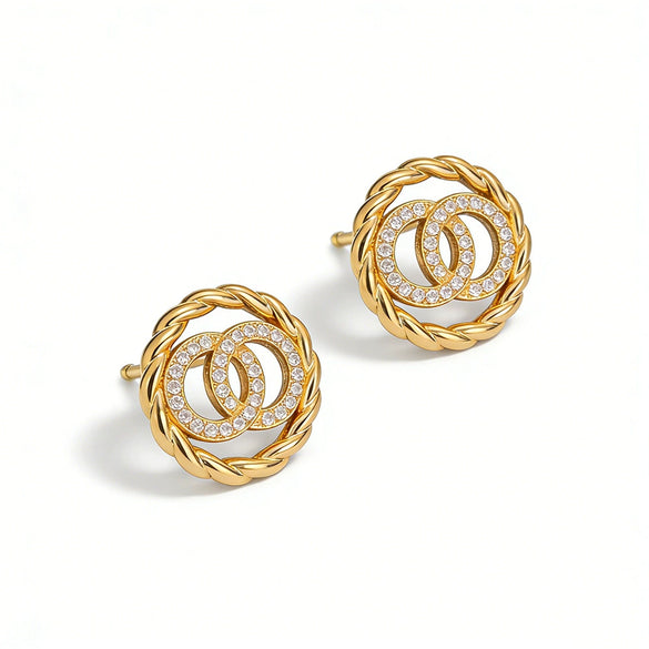 Wholesale Women's Round Doublering Diamondinlaid Copper Earrings With Geometric Design