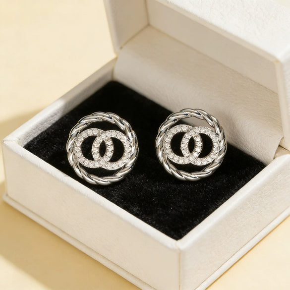 Wholesale Women's Round Doublering Diamondinlaid Copper Earrings With Geometric Design