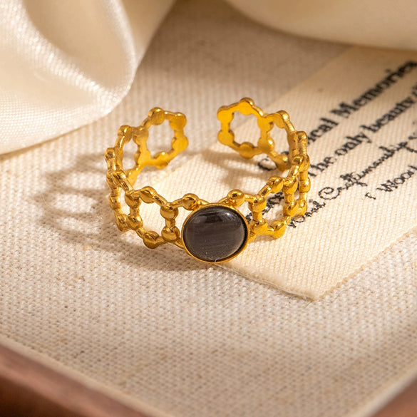 Wholesale Women's Round Natural Stone Titanium Steel Ring Plated With Gold Geometric U Shape Diamond Style