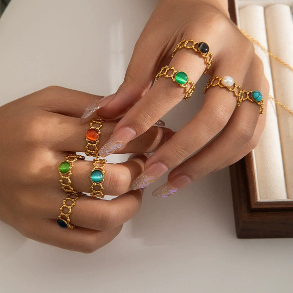 Wholesale Women's Round Natural Stone Titanium Steel Ring Plated With Gold Geometric U Shape Diamond Style