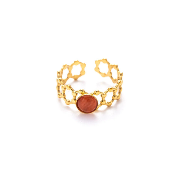 Wholesale Women's Round Natural Stone Titanium Steel Ring Plated With Gold Geometric U Shape Diamond Style