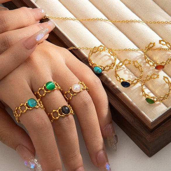 Wholesale Women's Round Natural Stone Titanium Steel Ring Plated With Gold Geometric U Shape Diamond Style