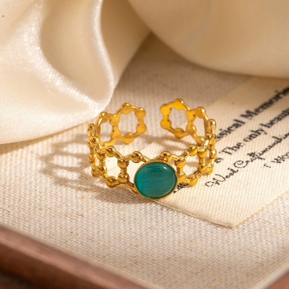 Wholesale Women's Round Natural Stone Titanium Steel Ring Plated With Gold Geometric U Shape Diamond Style