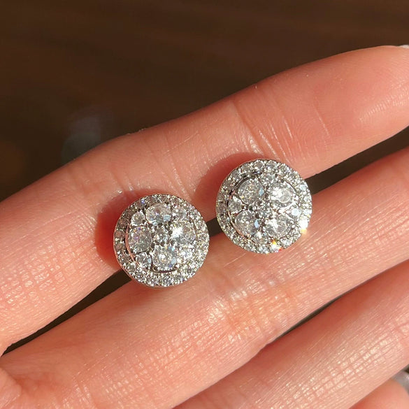 Wholesale Women's Round White Zircon Stud Earrings Copper Material Flower Pattern Simple Style Electroplated