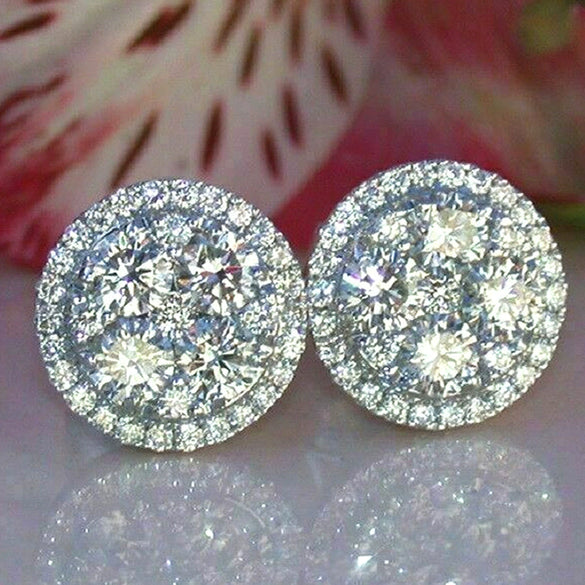 Wholesale Women's Round White Zircon Stud Earrings Copper Material Flower Pattern Simple Style Electroplated