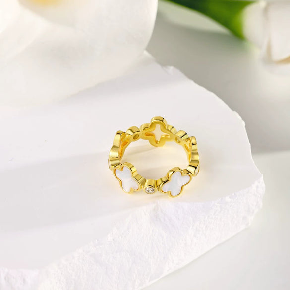 Wholesale Women's S925 Pure Silver Flower Shape Ring With Mother Shell Zircon Inlaid And Geometric Design And Electroplating Treatment