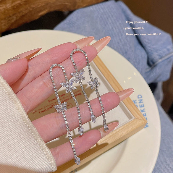Wholesale Women's S925 Silver And Copper Zircon Butterfly Insect Shape Long Tassel Earrings Light Luxury Elegant Fashion
