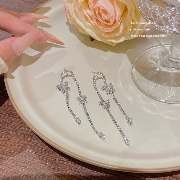 Wholesale Women's S925 Silver And Copper Zircon Butterfly Insect Shape Long Tassel Earrings Light Luxury Elegant Fashion