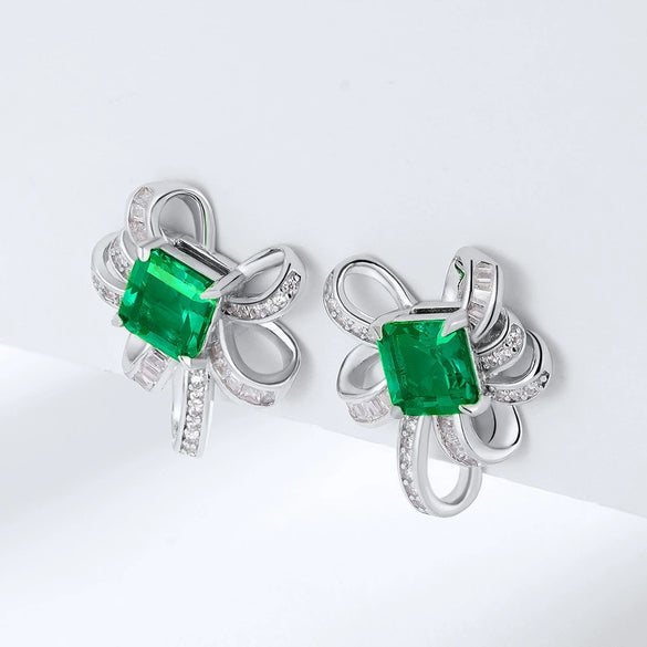 Wholesale Women's S925 Silver Cultivation Emerald Bow Inlay Earrings Simple Fashion