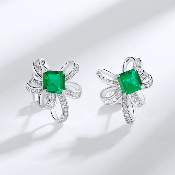 Wholesale Women's S925 Silver Cultivation Emerald Bow Inlay Earrings Simple Fashion