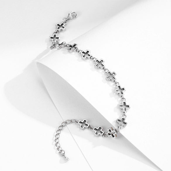 Wholesale Women's S925 Silver Distressed Hollow Cross Electroplated Bracelet