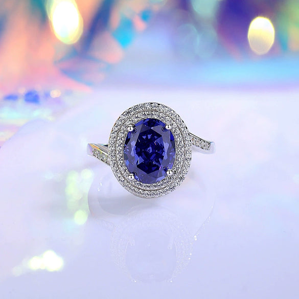 Wholesale Women's S925 Silver Eggshaped Geometric Ring Set With Diamonds And Sapphire