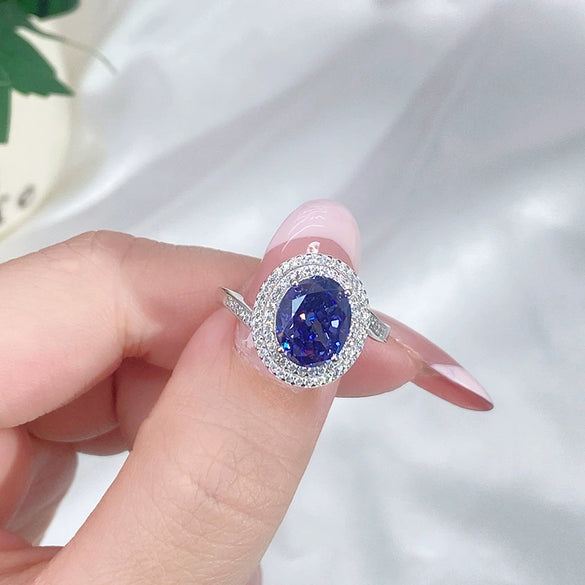 Wholesale Women's S925 Silver Eggshaped Geometric Ring Set With Diamonds And Sapphire