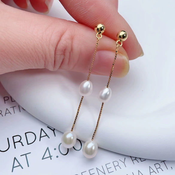 Wholesale Women's S925 Silver Freshwater Pearl Drop Shape Tassel Earrings