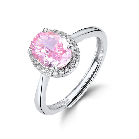 Wholesale Women's S925 Silver Geometric Eggshaped Pink Diamond Ring With Electroplating