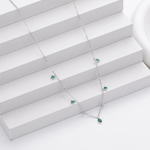 Wholesale Women's S925 Silver Geometric Square Pendant Necklace With Green Water Drop Retro Style And Electroplating