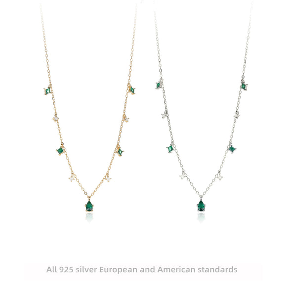 Wholesale Women's S925 Silver Geometric Square Pendant Necklace With Green Water Drop Retro Style And Electroplating