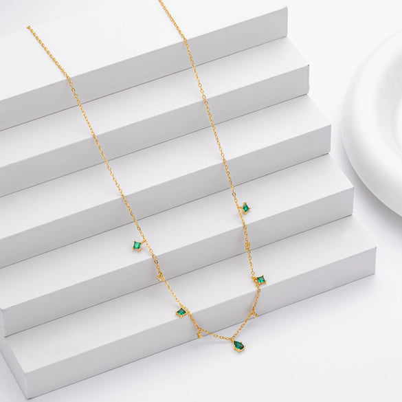 Wholesale Women's S925 Silver Geometric Square Pendant Necklace With Green Water Drop Retro Style And Electroplating