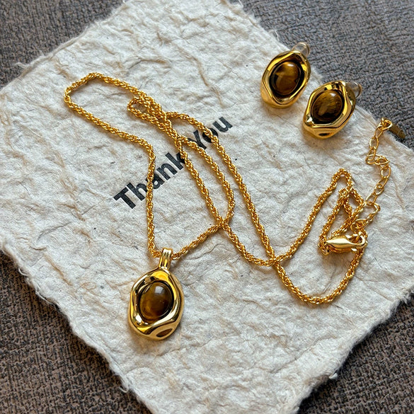Wholesale Women's S925 Silver Geometric Tiger Eye Ear Jewelry With Real Gold Plating Retro Light Luxury Style