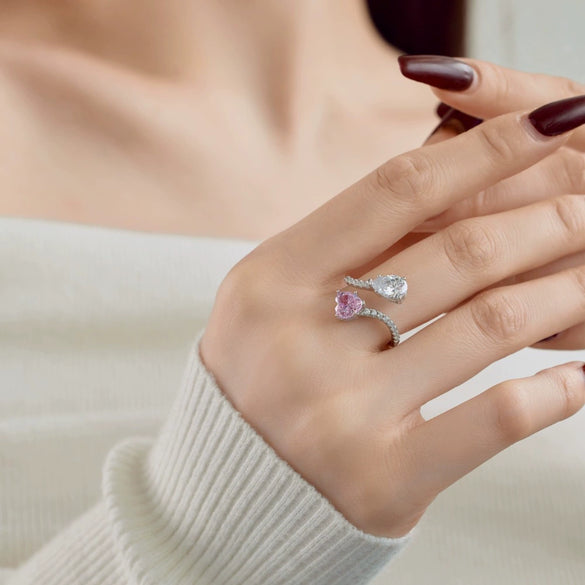 Wholesale Women's S925 Silver Heartshaped Butterfly Ring With Pink Diamond And Geometric Style And Electroplating Treatment