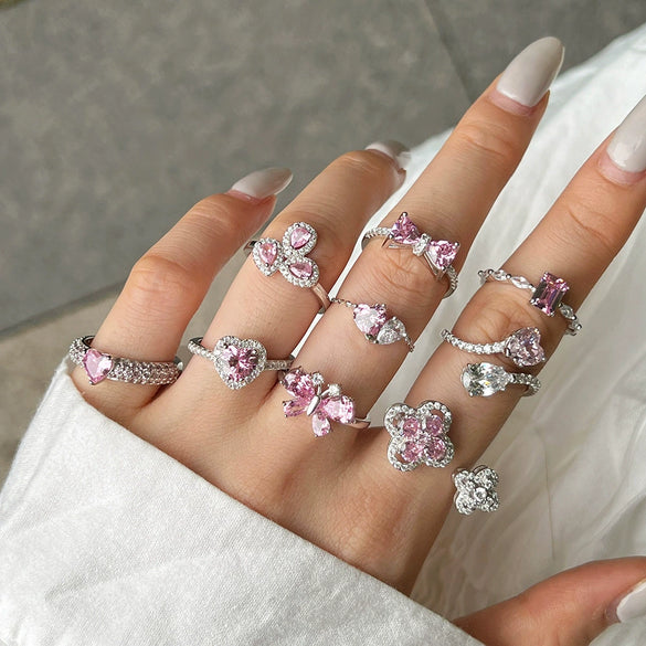 Wholesale Women's S925 Silver Heartshaped Butterfly Ring With Pink Diamond And Geometric Style And Electroplating Treatment