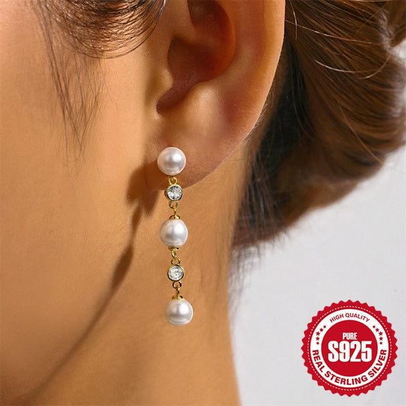 Wholesale Women's S925 Silver Long Tassel Earrings With Pearl And Zircon Geometric Pattern Simple And Fashionable