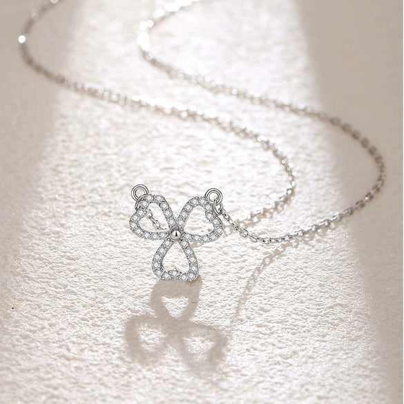 Wholesale Women's S925 Silver Lucky Clover Hollow Heartshaped Diamond Microinlaid Pendant Necklace With Cross Chain