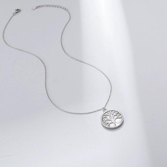Wholesale Women's S925 Silver Natural White Shell Life Tree Pendant Necklace With Leaf Pattern And Cross Chain Electroplated