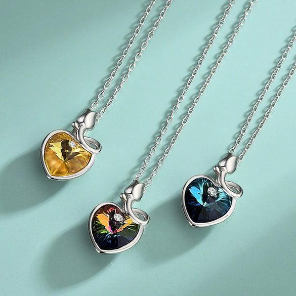 Wholesale Women's S925 Silver Necklace With Austrian Element Crystal Heartshaped Pendant And Ochain Simple Style