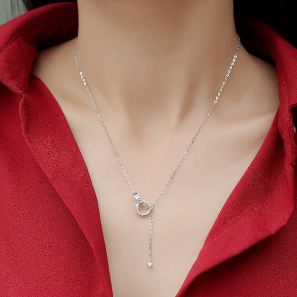 Wholesale Women's S925 Silver Necklace With Geometric Moissanite Ring Pendant And Cross Chain Electroplated Simple Style