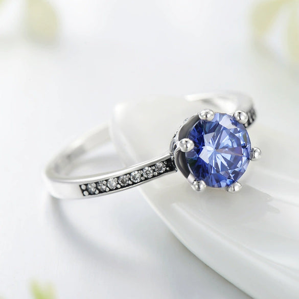 Wholesale Women's S925 Silver Ring With Blue Zircon And Crown Design